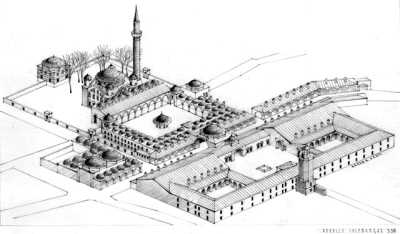 Lüleburgaz Sokullu Mehmet Paşa Kervansarayının, Külliye kompleksi içerisindeki konumu. 